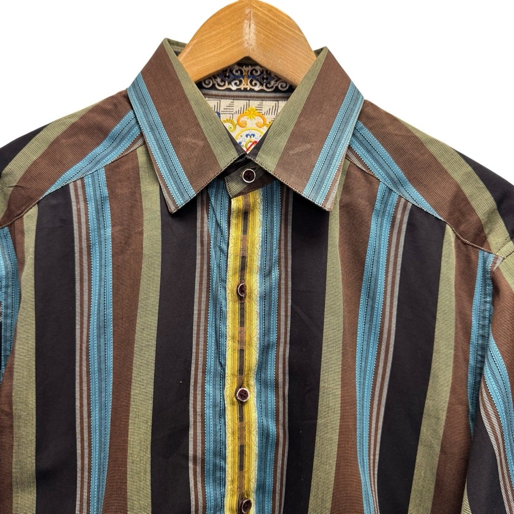 Robert Graham Men's L Multicolor Striped Button Front Silk Trim Flip‎ Cuff Shirt